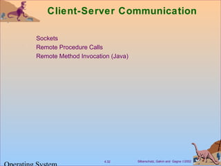 Silberschatz, Galvin and Gagne ©20024.32
Client-Server Communication
Sockets
Remote Procedure Calls
Remote Method Invocation (Java)
 