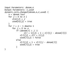 Input Parameters:  denom , A Output Parameters:  C , used dynamic_coin_change2 ( denom , A , C , used ) { n  =  denom . last for  j  = 0 to  A  { C [ n ][ j ] =  j used [ n ][ j ] = true } for  i  =  n  - 1 downto 1 for  j  = 0 to  A if ( denom [ i ] >  j  ||  C [ i  + 1][ j ] < 1 +  C [ i ][ j  -  denom [ i ]]) C [ i ][ j ] =  C [ i  + 1][ j ] used[ i ][ j ] = false else C [ i ][ j ] = 1 +  C [ i ][ j  -  denom [ i ]] used[ i ][ j ] = true } } 