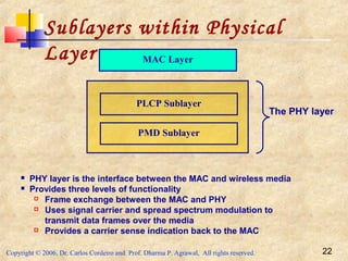 Copyright © 2006, Dr. Carlos Cordeiro and Prof. Dharma P. Agrawal, All rights reserved. 22
Sublayers within Physical
Layer
PMD Sublayer
PLCP Sublayer
MAC Layer
The PHY layer
 PHY layer is the interface between the MAC and wireless media
 Provides three levels of functionality
 Frame exchange between the MAC and PHY
 Uses signal carrier and spread spectrum modulation to
transmit data frames over the media
 Provides a carrier sense indication back to the MAC
 