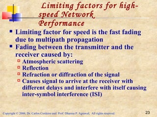 Copyright © 2006, Dr. Carlos Cordeiro and Prof. Dharma P. Agrawal, All rights reserved. 23
Limiting factors for high-
speed Network
Performance
 Limiting factor for speed is the fast fading
due to multipath propagation
 Fading between the transmitter and the
receiver caused by:
 Atmospheric scattering
 Reflection
 Refraction or diffraction of the signal
 Causes signal to arrive at the receiver with
different delays and interfere with itself causing
inter-symbol interference (ISI)
 