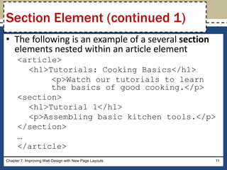 • The following is an example of a several section
elements nested within an article element
<article>
<h1>Tutorials: Cooking Basics</h1>
<p>Watch our tutorials to learn
the basics of good cooking.</p>
<section>
<h1>Tutorial 1</h1>
<p>Assembling basic kitchen tools.</p>
</section>
…
</article>
Chapter 7: Improving Web Design with New Page Layouts 11
Section Element (continued 1)
 