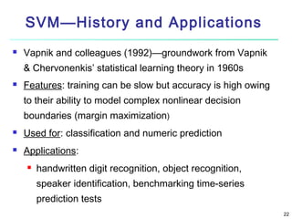 SVM—History and Applications


Vapnik and colleagues (1992)—groundwork from Vapnik
& Chervonenkis’ statistical learning theory in 1960s



Features: training can be slow but accuracy is high owing
to their ability to model complex nonlinear decision
boundaries (margin maximization)



Used for: classification and numeric prediction



Applications:


handwritten digit recognition, object recognition,
speaker identification, benchmarking time-series
prediction tests
22

 