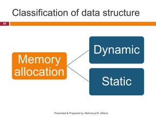 Classification of data structure
20
Presented & Prepared by: Mahmoud R. Alfarra
Memory
allocation
Dynamic
Static
 