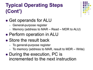 Typical Operating Steps
(Cont’)
 Get operands for ALU
 General-purpose register
 Memory (address to MAR – Read – MDR to ALU)
 Perform operation in ALU
 Store the result back
 To general-purpose register
 To memory (address to MAR, result to MDR – Write)
 During the execution, PC is
incremented to the next instruction
 