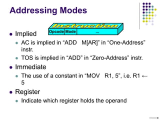 Addressing Modes
 Implied
 AC is implied in “ADD M[AR]” in “One-Address”
instr.
 TOS is implied in “ADD” in “Zero-Address” instr.
 Immediate
 The use of a constant in “MOV R1, 5”, i.e. R1 ←
5
 Register
 Indicate which register holds the operand
Opcode Mode ...
 