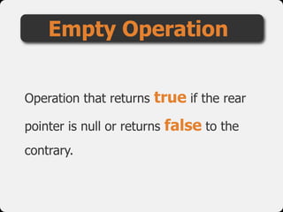 Operation that returns true if the rear
pointer is null or returns false to the
contrary.
Empty Operation
 