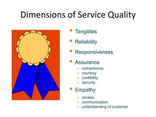 Dimensions of Service Quality
             Tangibles
             Reliability
             Responsiveness
             Assurance
                 competence,
                 courtesy
                 credibility
                 security

             Empathy
               access
               communication
               understanding of customer
 