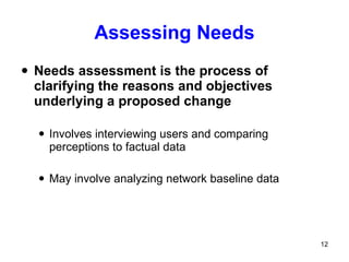 Assessing Needs Needs assessment is the process of clarifying the reasons and objectives underlying a proposed change Involves interviewing users and comparing perceptions to factual data May involve analyzing network baseline data 