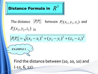 Distance Formula in
3
R
The distance between and
is
21PP ),,( 1111 zyxP
),,( 2222 zyxP
2
12
2
12
2
1221 )()()( zzyyxxPP 
Find the distance between (10, 20, 10) and
(-12, 6, 12).
EXAMPLE 2
 