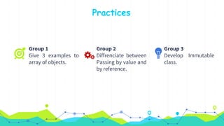 Practices
Group 1
Give 3 examples to
array of objects.
Group 2
Diffrenciate between
Passing by value and
by reference.
Group 3
Develop Immutable
class.
 