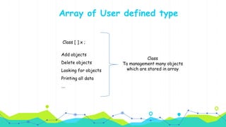 Array of User defined type
Class [ ] x ;
Add objects
Delete objects
Looking for objects
Printing all data
….
Class
To management many objects
which are stored in array
 