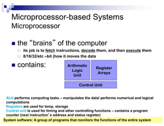 Microprocessor-based Systems
Microprocessor
n the “brains” of the computer
¨ its job is to fetch instructions, decode them, and then execute them
¨ 8/16/32/etc –bit (how it moves the data
n contains: Arithmetic
Logic
Unit
Register
Arrays
Control Unit
ALU performs computing tasks – manipulates the data/ performs numerical and logical
computations
Registers are used for temp. storage
Control unit is used for timing and other controlling functions – contains a program
counter (next instruction’s address and status register)
System software: A group of programs that monitors the functions of the entire system
 
