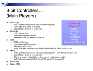 8-bit Controllers…
(Main Players)
n Microchip
¨ RISC architecture (reduced instruction set computer)
¨ Has sold over 2 billion as of 2002
¨ Cost effective and rich in peripherals
n Motorola
¨ CISC architecture
¨ Has hundreds of instructions
¨ Examples: 68HC05, 68HC08, 68HC11
n Intel
¨ CISC architecture
¨ Has hundreds of instructions
¨ Examples: 8051, 8052
¨ Many difference manufacturers: Philips, Dallas/MAXIM Semiconductor, etc.
n Atmel
¨ RISC architecture (reduced instruction set computer) – with CISC instruction set!
¨ Cost effective and rich in peripherals
¨ Claims to be very code efficient – less memory for the same code!
¨ AVR (Advanced Virtual RISC): TunyAVR, MegAVR, XmegaAVR
n Freescale
n Ziglog (Z8)
What is the
difference?
Speed
Package
Power
RAM/ROM
IO Pins
Software (IDE)/cloud
 
