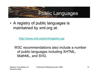 Public Languages
• A registry of public languages is
  maintained by xml.org at:

           http://www.xml.org/xml/registry.jsp


     W3C recommendations also include a number
      of public languages including XHTML,
      MathML, and SVG.


Akerkar: Foundations of   © Narosa Publishing House, 2009   13
Semantic Web.
 