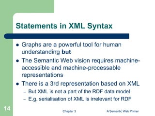 Chapter 3 A Semantic Web Primer
14
Statements in XML Syntax
 Graphs are a powerful tool for human
understanding but
 The Semantic Web vision requires machine-
accessible and machine-processable
representations
 There is a 3rd representation based on XML
– But XML is not a part of the RDF data model
– E.g. serialisation of XML is irrelevant for RDF
 