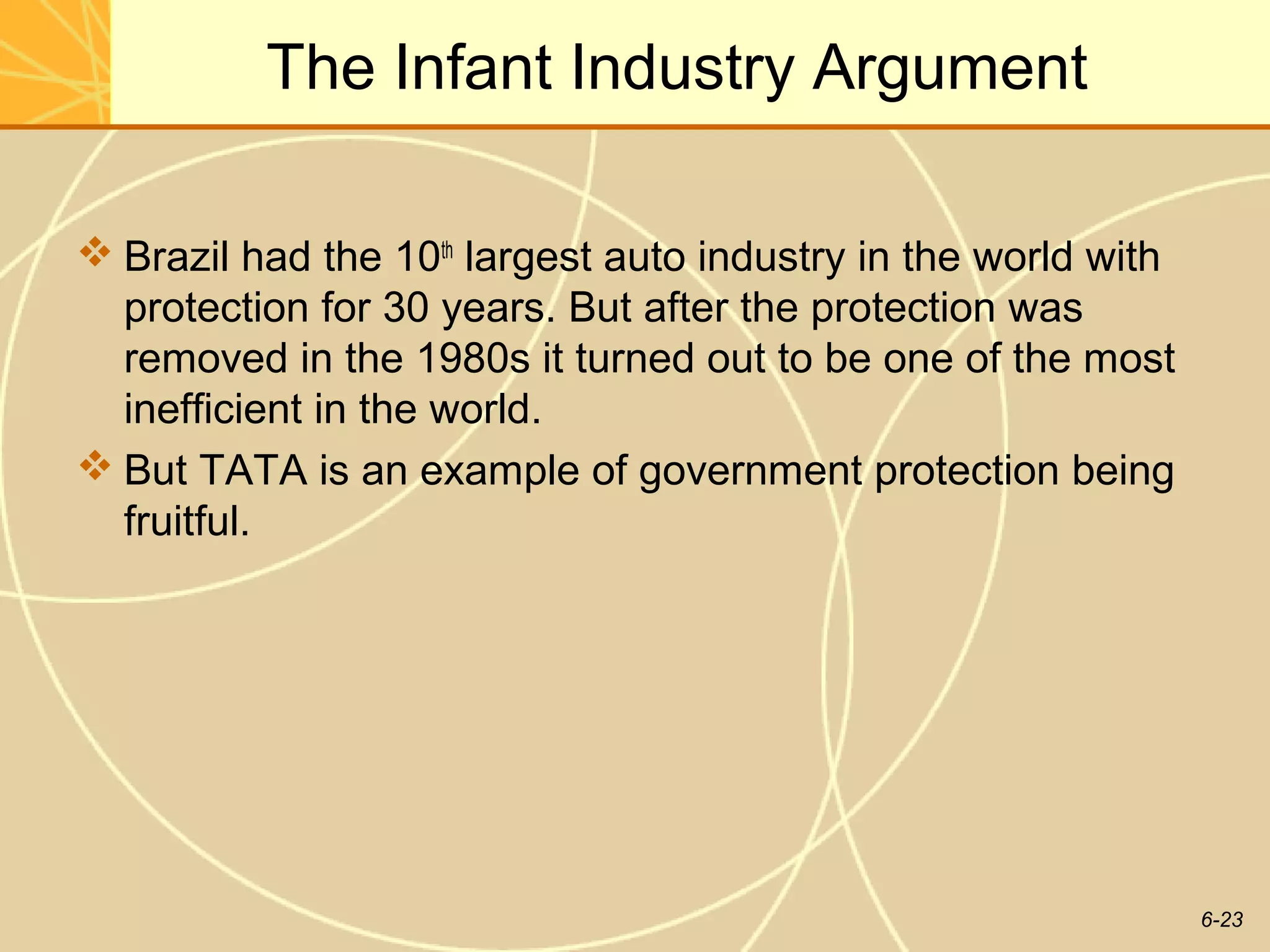 6-23
The Infant Industry Argument
 Brazil had the 10th
largest auto industry in the world with
protection for 30 years. But after the protection was
removed in the 1980s it turned out to be one of the most
inefficient in the world.
 But TATA is an example of government protection being
fruitful.
 
