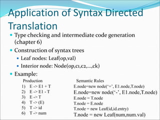 Application of Syntax Directed
Translation
 Type checking and intermediate code generation
(chapter 6)
 Construction of syntax trees
 Leaf nodes: Leaf(op,val)
 Interior node: Node(op,c1,c2,…,ck)
 Example:
1) E -> E1 + T
2) E -> E1 - T
3) E -> T
4) T -> (E)
5) T -> id
6) T -> num
Production Semantic Rules
E.node=new node(‘+’, E1.node,T.node)
E.node=new node(‘-’, E1.node,T.node)
E.node = T.node
T.node = E.node
T.node = new Leaf(id,id.entry)
T.node = new Leaf(num,num.val)
 
