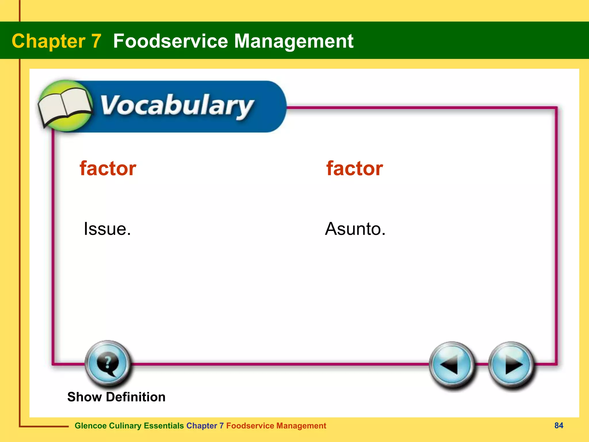 Glencoe Culinary Essentials Chapter 7 Foodservice Management
Chapter 7 Foodservice Management
84
Show Definition
Issue. Asunto.
factor factor
 