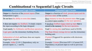 Mandalay Technological University
Department of Computer Engineering and Information Technology
Lecture Slides for Textbook Introduction to Embedded Systems, Moe Moe Myint, 2017-2018
Combinational vs Sequential Logic Circuits
Combinational Logic Circuits Sequential Logic Circuits
Output is a function of the present inputs (Time
Independent Logic).
Output is a function of clock, present inputs and the
previous states of the system.
Do not have the ability to store data (state). Have memory to store the present states that is sent
as control input (enable) for the next operation.
It does not require any feedback. It simply outputs
the input according to the logic designed.
It involves feedback from output to input that is
stored in the memory for the next operation.
Used mainly for Arithmetic and Boolean operations. Used for storing data (and hence used in RAM).
Logic gates are the elementary building blocks. Flip flops (binary storage device) are the elementary
building unit.
Independent of clock and hence does not require
triggering to operate.
Clocked (Triggered for operation with electronic
pulses).
Example: Adder [1+0=1; Dependency only on
present inputs i.e., 1 and 0].
Example: Counter [Previous O/P+1=Current O/P;
Dependency on present input as well as previous
state].
 