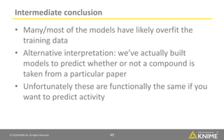 © 2018 KNIME AG. All Rights Reserved. 49
Intermediate conclusion
• Many/most of the models have likely overfit the
training data
• Alternative interpretation: we’ve actually built
models to predict whether or not a compound is
taken from a particular paper
• Unfortunately these are functionally the same if you
want to predict activity
 