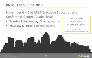 © 2018 KNIME AG. All Rights Reserved. 59
KNIME Fall Summit 2018
November 6 – 9 at AT&T Executive Education and
Conference Center, Austin, Texas
• Tuesday & Wednesday: One-day courses
• Thursday & Friday: Summit sessions
Use the code
ICCS-2018
for 10% off tickets.
Register at:
knime.com/fall-summit2018
 