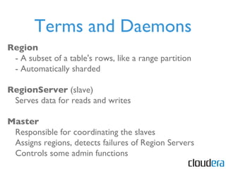 Terms and Daemons Region - A subset of a table's rows, like a range partition - Automatically sharded RegionServer  (slave) Serves data for reads and writes Master Responsible for coordinating the slaves Assigns regions, detects failures of Region Servers Controls some admin functions 