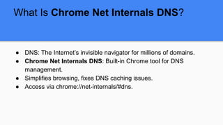 What Is Chrome Net Internals DNS?
● DNS: The Internet’s invisible navigator for millions of domains.
● Chrome Net Internals DNS: Built-in Chrome tool for DNS
management.
● Simplifies browsing, fixes DNS caching issues.
● Access via chrome://net-internals/#dns.
 