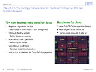 © 2012 IBM Corporation
CICS and Java
29 Java and OSGi Developer EditionOctober 25, 2012
IBM
IBM J9 2.6 Technology Enhancements: System zEnterprise 196 and
Java6.0.1/Java7
 