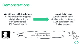 Demonstrations
May the demo gods
smile upon me this day !!!May
Demonstrations
. . . and finish here
A multi-branch build
pipeline using containers,
tSQLt, parallelism and
Docker volumes
We will start off simple here
A simple webhook triggered
build pipeline using a
non-containerised
SQL Server instance
 