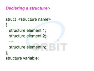 Declaring a structure:-
struct <structure name>
{
structure element 1;
structure element 2;
---
structure element n;
};
structure variable;
 