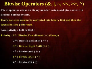 These operator works on binary number system and gives answer in
decimal number system.
Every non-zero number is converted into binary first and then the
operations are performed.
Associativity : Left to Right
Priority : 1st : Bitwise Compliment ( ~ ) (Unary)
2nd : Bitwise Left Shift ( << )
3rd : Bitwise Right Shift ( >> )
4th : Bitwise And ( & )
5th : Bitwise XOR ( ^ )
6th : Bitwise OR ( | )
Bitwise Operators (&, |, ~, <<, >>, ^)
 