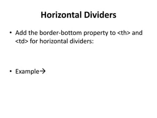 Horizontal Dividers
• Add the border-bottom property to <th> and
<td> for horizontal dividers:
• Example
 