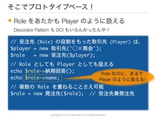 copyright(c) 2013 kuwata-lab.com all rights reserved.
そこでプロトタイプベース！
//	 受注先	 (Role)	 の役割をもった取引先	 (Player)	 は、
$player	 =	 new	 取引先('○ 商会');
$role	 	 	 =	 new	 受注先($player);
//	 Role	 としても	 Player	 としても扱える
echo	 $role->納期回答();
echo	 $role->name;
//	 複数の	 Role	 を重ねることさえ可能
$role	 =	 new	 発注先($role);	 	 //	 受注先兼発注先
Role をあたかも Player のように扱える◆
Decorator Pattern も DCI もいらんかったんや！
Role なのに、まるで
Player のように扱える!
 