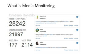 What Is Media Monitoring
 Metrics of social audience
 Measure sentiment of the audience on characters
 Browse conversations
 