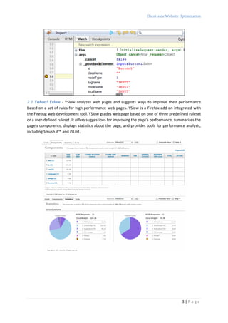Client-side Website Optimization




2.2 Yahoo! Yslow - YSlow analyzes web pages and suggests ways to improve their performance
based on a set of rules for high performance web pages. YSlow is a Firefox add-on integrated with
the Firebug web development tool. YSlow grades web page based on one of three predefined ruleset
or a user-defined ruleset. It offers suggestions for improving the page's performance, summarizes the
page's components, displays statistics about the page, and provides tools for performance analysis,
including Smush.it™ and JSLint.




                                                                                          3|Page
 