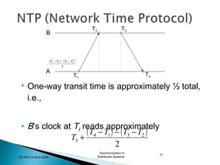 ( ) ( )
2
2314 TTTT −−−
( ) ( )
2
2314
3
TTTT
T
−−−
+
 One-way transit time is approximately ½ total,
i.e.,
 B’s clock at T4 reads approximately
Synchronization in
Distributed SystemsCS-4513 D-term 2008
17
A
B
T1
T2 T3
T4
 