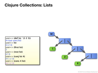 Clojure Collections: Lists




                            lst
user=> (def lst `(1 2 3))
#=(var user/lst)
user=> lst
(1 2 3)
user=> (ﬁrst lst)
1                             1
user=> (rest lst)
(2 3)
user=> (conj lst 4)               2
(4 1 2 3)
user=> (cons 4 lst)
(4 1 2 3)                             3


                                      © 2009 Formos Software Development
 