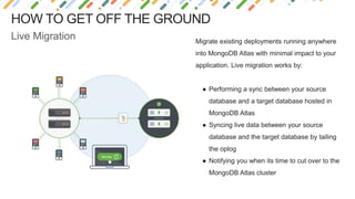 HOW TO GET OFF THE GROUND
Migrate existing deployments running anywhere
into MongoDB Atlas with minimal impact to your
application. Live migration works by:
● Performing a sync between your source
database and a target database hosted in
MongoDB Atlas
● Syncing live data between your source
database and the target database by tailing
the oplog
● Notifying you when its time to cut over to the
MongoDB Atlas cluster
Live Migration
 