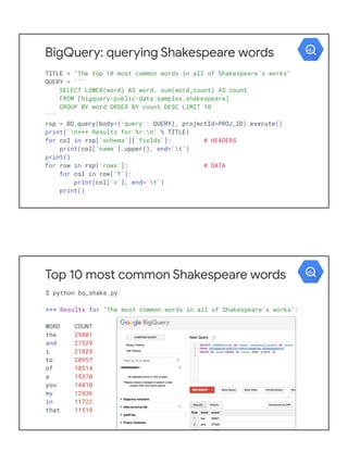 BigQuery: querying Shakespeare words
TITLE = "The top 10 most common words in all of Shakespeare's works"
QUERY = '''
SELECT LOWER(word) AS word, sum(word_count) AS count
FROM [bigquery-public-data:samples.shakespeare]
GROUP BY word ORDER BY count DESC LIMIT 10
'''
rsp = BQ.query(body={'query': QUERY}, projectId=PROJ_ID).execute()
print('n*** Results for %r:n' % TITLE)
for col in rsp['schema']['fields']: # HEADERS
print(col['name'].upper(), end='t')
print()
for row in rsp['rows']: # DATA
for col in row['f']:
print(col['v'], end='t')
print()
Top 10 most common Shakespeare words
$ python bq_shake.py
*** Results for "The most common words in all of Shakespeare's works":
WORD COUNT
the 29801
and 27529
i 21029
to 20957
of 18514
a 15370
you 14010
my 12936
in 11722
that 11519
 