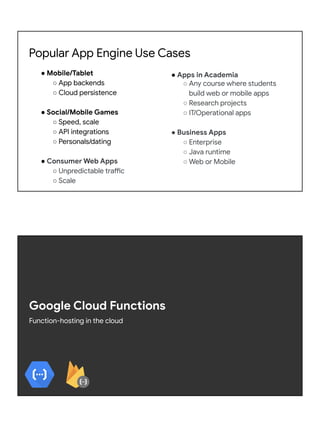 Popular App Engine Use Cases
● Mobile/Tablet
○ App backends
○ Cloud persistence
● Social/Mobile Games
○ Speed, scale
○ API integrations
○ Personals/dating
● Consumer Web Apps
○ Unpredictable traffic
○ Scale
● Apps in Academia
○ Any course where students
build web or mobile apps
○ Research projects
○ IT/Operational apps
● Business Apps
○ Enterprise
○ Java runtime
○ Web or Mobile
Google Cloud Functions
Function-hosting in the cloud
 