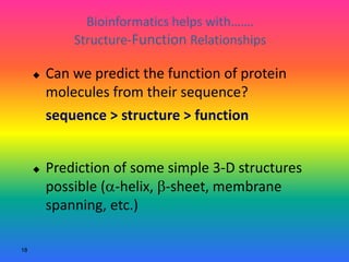18
Bioinformatics helps with…….
Structure-Function Relationships
 Can we predict the function of protein
molecules from their sequence?
sequence > structure > function
 Prediction of some simple 3-D structures
possible (a-helix, b-sheet, membrane
spanning, etc.)
 