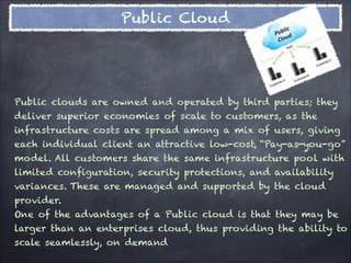 Public Cloud




Public clouds are owned and operated by third parties; they
deliver superior economies of scale to customers, as the
infrastructure costs are spread among a mix of users, giving
each individual client an attractive low-cost, “Pay-as-you-go”
model. All customers share the same infrastructure pool with
limited configuration, security protections, and availability
variances. These are managed and supported by the cloud
provider.
One of the advantages of a Public cloud is that they may be
larger than an enterprises cloud, thus providing the ability to
scale seamlessly, on demand
 