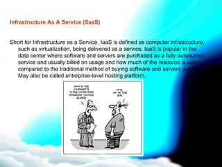 Infrastructure As A Service (SaaS) Short for Infrastructure as a Service, IaaS is defined as computer infrastructure, such as virtualization, being delivered as a service. IaaS is popular in the data center where software and servers are purchased as a fully outsourced service and usually billed on usage and how much of the resource is used - compared to the traditional method of buying software and servers outright. May also be called enterprise-level hosting platform. 