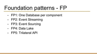 Foundation patterns - FP
- FP1: One Database per component
- FP2: Event Streaming
- FP3: Event Sourcing
- FP4: Data Lake
- FP5: Trilateral API
 