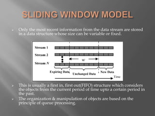  Only the most recent information from the data stream are stored
in a data structure whose size can be variable or fixed.
 This is usually a first in, first out(FIFO) structure which considers
the objects from the current period of time upto a certain period in
the past.
 The organization & manipulation of objects are based on the
principle of queue processing.
 