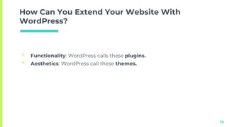How Can You Extend Your Website With
WordPress?
▣ Functionality: WordPress calls these plugins.
▣ Aesthetics: WordPress call these themes.
19
 