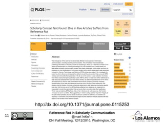 Reference Rot in Scholarly Communication
@mart1nkle1n
CNI Fall Meeting, 12/12/2016, Washington, DC
11
http://dx.doi.org/10.1371/journal.pone.0115253
 