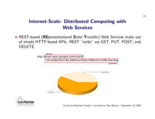 15

       Internet-Scale: Distributed Computing with
                      Web Services
• REST-based (REpresentational State Transfer) Web Services make use
  of simple HTTP-based APIs. REST “verbs” are GET, PUT, POST, and
  DELETE.
                resource
           http://chart.apis.google.com/chart?
                   cht=p3&chd=t:60,40&chs=250x100&chl=LANL|Sandia
                                                                       parameters




                            Center for Nonlinear Studies – Los Alamos, New Mexico – September 10, 2009
 