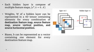 • Each hidden layer is compose of
multiple feature maps, 𝑥 𝑘
, 𝑘 = 0. . 𝐾
• Weights, W of a hidden layer can be
represented in a 4D tensor containing
elements for every combination of
destination feature map, source feature
map, source vertical position, and
source horizontal position.
• Biases, b can be represented as a vector
containing one element for every
destination feature map.
46
 