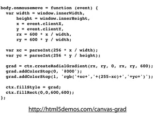 body.onmousemove = function (event) {
  var width = window.innerWidth,
      height = window.innerHeight,
      x = event.clientX,
      y = event.clientY,
      rx = 600 * x / width,
      ry = 600 * y / width;

     var xc = parseInt(256 * x / width);
     var yc = parseInt(256 * y / height);

     grad = ctx.createRadialGradient(rx, ry, 0, rx, ry, 600);
     grad.addColorStop(0, '#000');
     grad.addColorStop(1, 'rgb('+xc+','+(255-xc)+','+yc+')');

     ctx.fillStyle = grad;
     ctx.fillRect(0,0,600,600);
};

             http://html5demos.com/canvas-grad
 